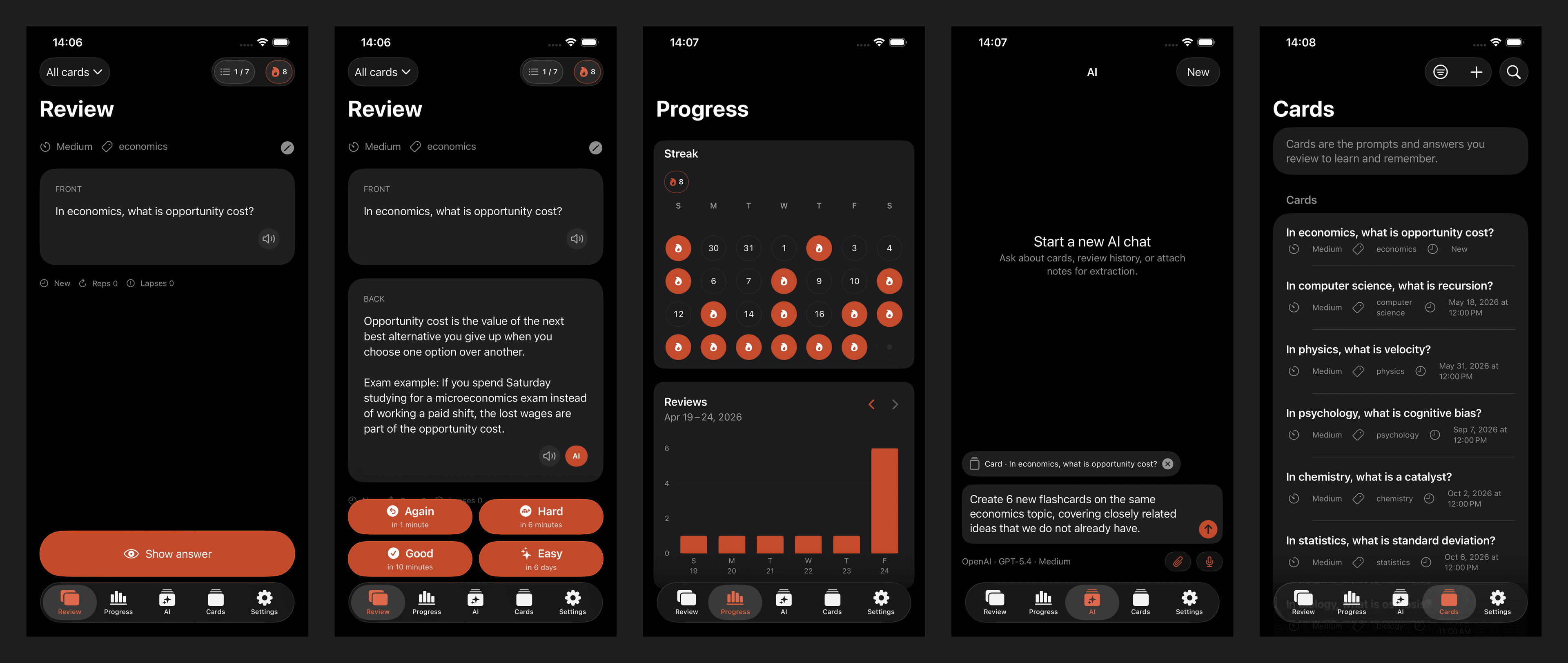 Flashcards app screens showing review, answer results, progress, AI draft, and card list flows.